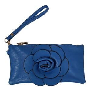 Bright Blue Large Blooning Flower & Top Zipper Closure Wristlet